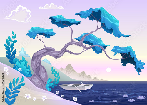 Vector: Romantic landscape with tree and water. Romantic landscape with tree and water.