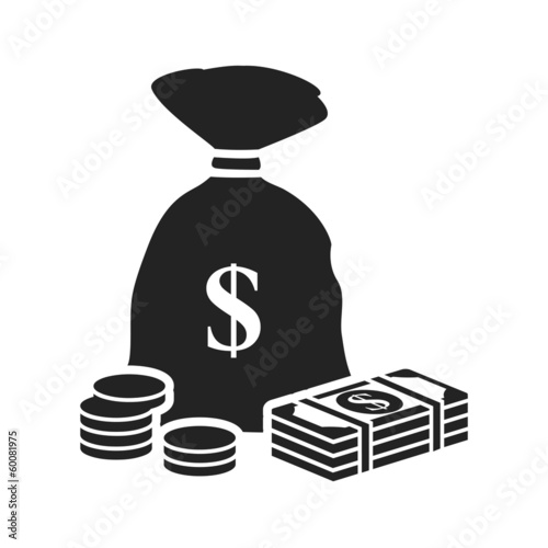 Vector: money bag black icon with dollars and stacks of coins money bag black icon with dollars and stacks of coins