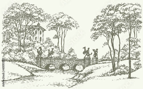  Vector landscape. Stone bridge over a rivulet in palace park