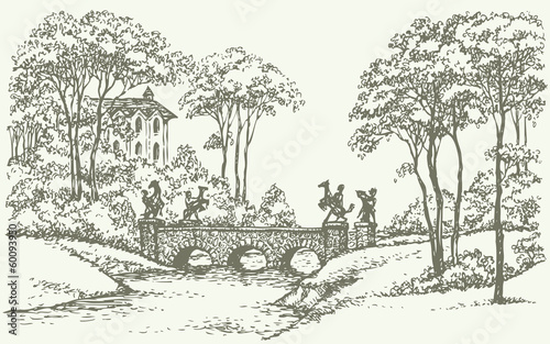 Vector landscape. Stone bridge over a rivulet in palace park