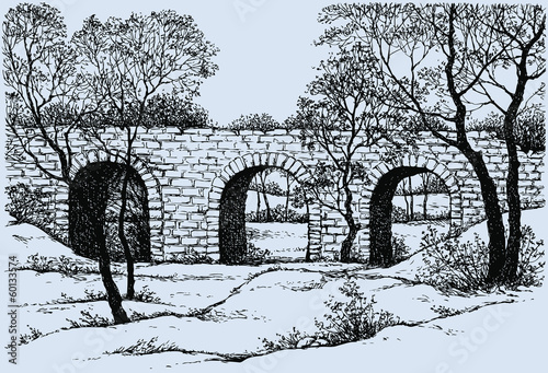 Vector landscape. Old dilapidated stone bridge in the park