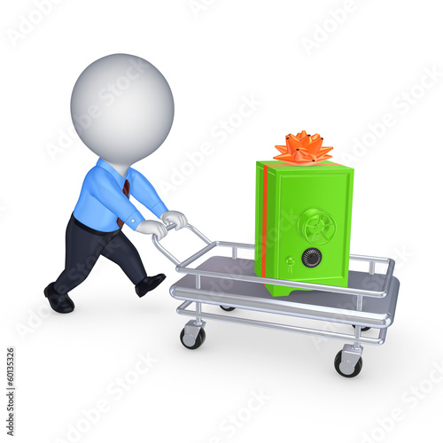 Illustration: 3d person with safe on a pushcart. 3d person with safe on a pushcart.