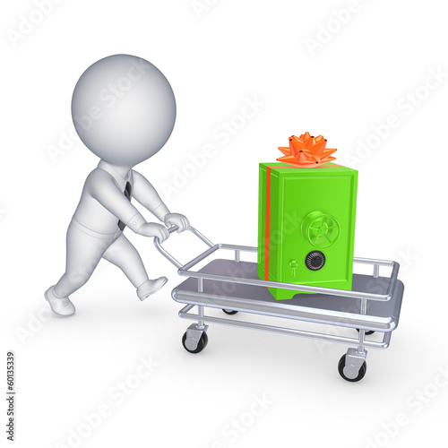 Illustration: 3d person with safe on a pushcart. 3d person with safe on a pushcart.