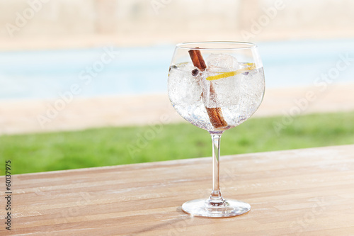 Photo: Cinnamon and juniper gin and tonic cocktail by a pool outdoors Cinnamon and juniper gin and tonic cocktail by a pool outdoors