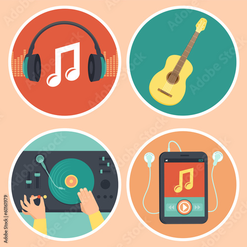 Vector: Vector music icons and signs in flat style Vector music icons and signs in flat style
