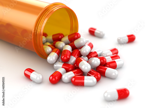 Illustration: Medicine concept. Spilled pills from prescription bottle. Medicine concept. Spilled pills from prescription bottle.