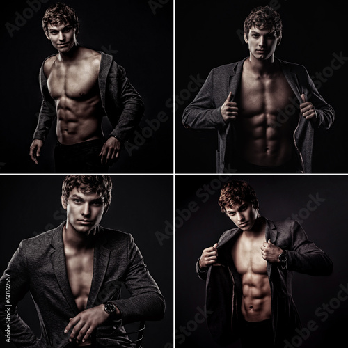 Photo: Collage of four square images of young handsome macho man Collage of four square images of young handsome macho man