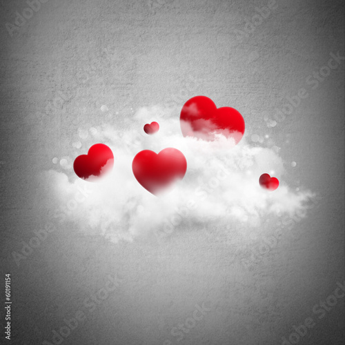  Red hearts in cloud. Valentine's day background