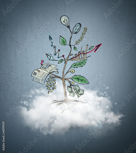 Photo: Concept of Growing company with sketch of a tree with business s Concept of Growing company with sketch of a tree with business s