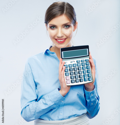 Photo: Business woman hold count machine. Business woman hold count machine.