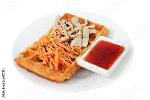 Photo: Belgian waffle with chicken and carrot salad. Belgian waffle with chicken and carrot salad.