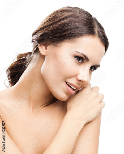 Photo: Woman touching skin or applying cream, isolated Woman touching skin or applying cream, isolated