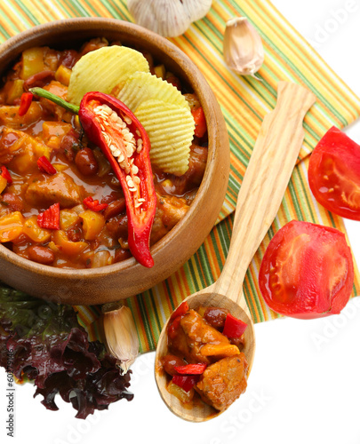 Photo: Chili Corn Carne - traditional mexican food, in wooden bowl, Chili Corn Carne - traditional mexican food, in wooden bowl,