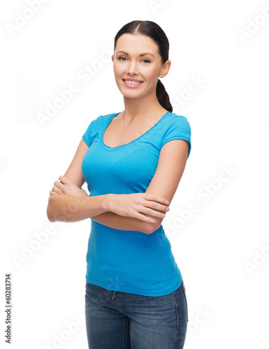Photo: smiling girl in blank blue t-shirt smiling girl in blank blue t-shirt