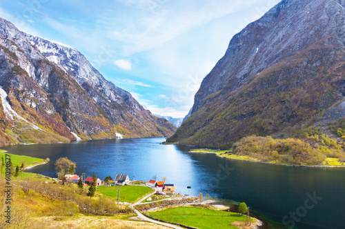 Photo: Naeroyfjord - fjord landscape in Sogn og Fjordane region. Naeroyfjord - fjord landscape in Sogn og Fjordane region.
