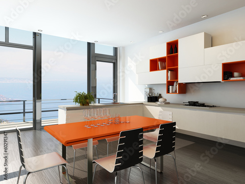Illustration: Modern kitchen interior with orange and white furniture Modern kitchen interior with orange and white furniture