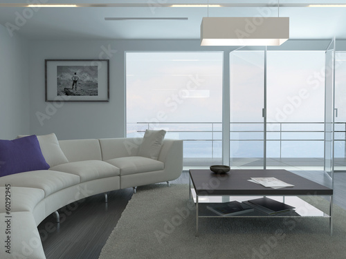 Illustration: Luxury living room interior with white couch and seascape view Luxury living room interior with white couch and seascape view