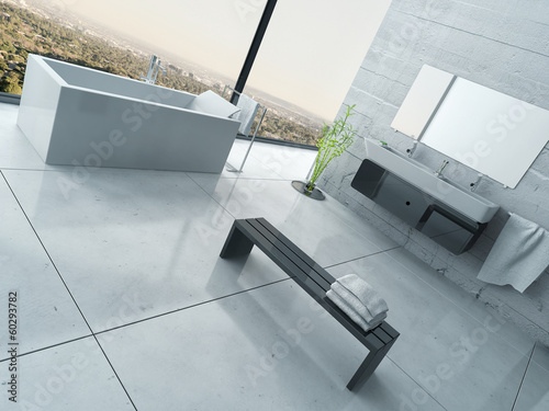 Illustration: Luxury white bathtub against panoramic window and landscape view Luxury white bathtub against panoramic window and landscape view