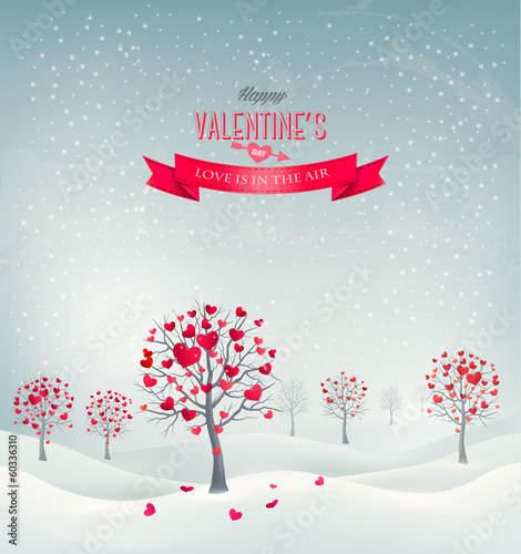 Vector: Holiday retro background. Valentine trees with heart-shaped leav Holiday retro background. Valentine trees with heart-shaped leav