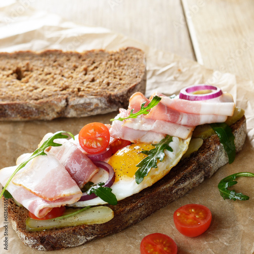 Photo: Bacon and fried egg open sandwich Bacon and fried egg open sandwich