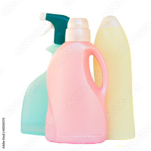 Photo: Plastic detergent bottles on white background Plastic detergent bottles on white background