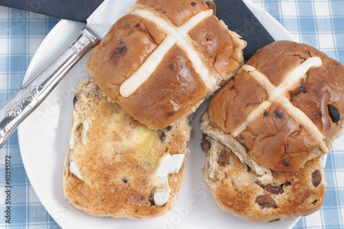 Photo: Hot Cross Buns toasted and buttered Hot Cross Buns toasted and buttered