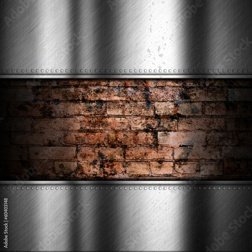 Illustration: Brushed metal background with brick Brushed metal background with brick