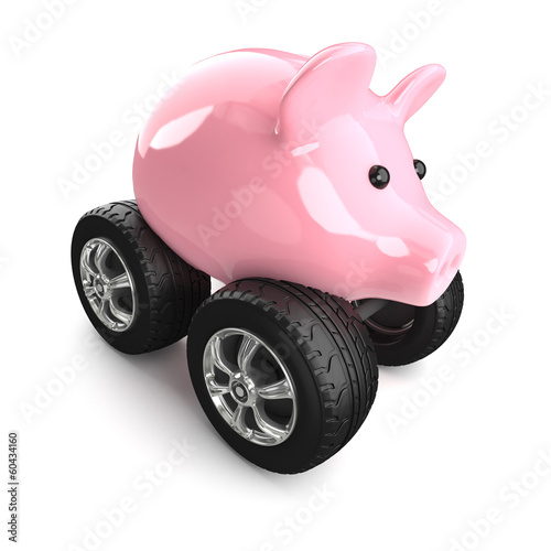 Illustration: Piggy bank with wheels top view Piggy bank with wheels top view