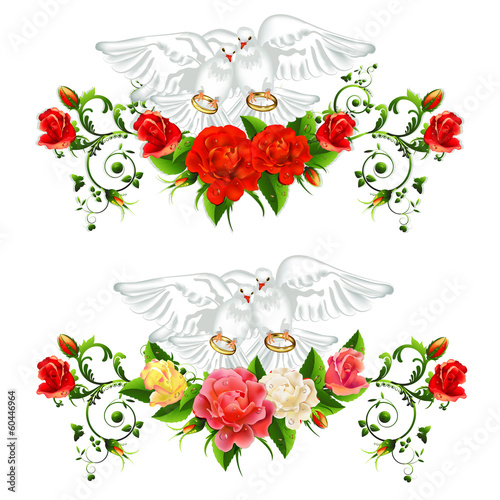 Vector: Roses , pigeons and wedding rings Roses , pigeons and wedding rings