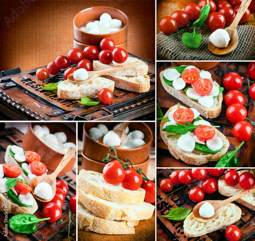 Photo: Mozzarella, tomatoes and bread. Italian food Mozzarella, tomatoes and bread. Italian food
