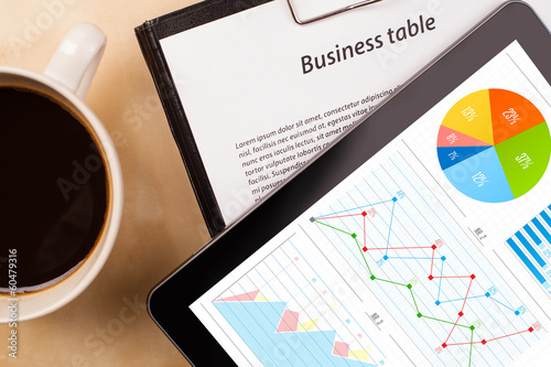 Photo: Tablet pc shows charts on screen with a cup of coffee on a desk Tablet pc shows charts on screen with a cup of coffee on a desk