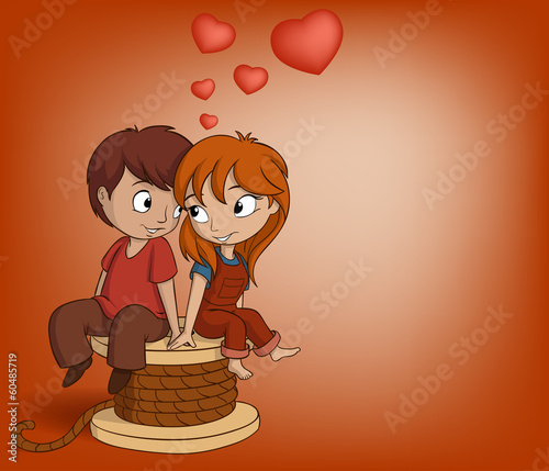 Vector: Boy and girl are sitting with heart shape Boy and girl are sitting with heart shape