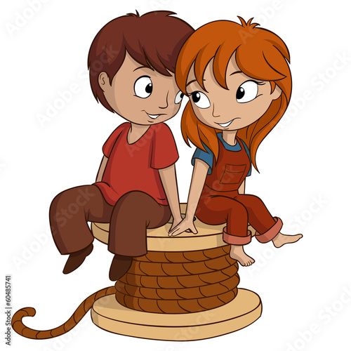 Vector: Boy and girl are sitting with heart shape on white background Boy and girl are sitting with heart shape on white background