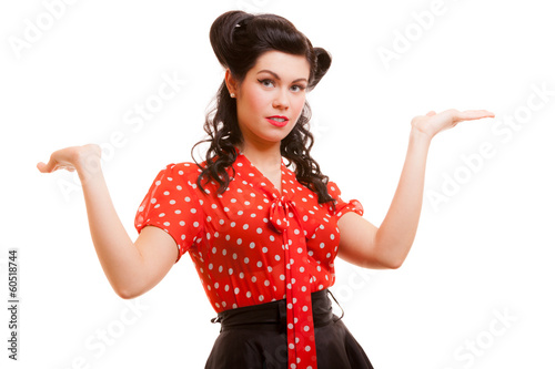 Photo: Retro woman in red with blank copy space on hands isolated Retro woman in red with blank copy space on hands isolated