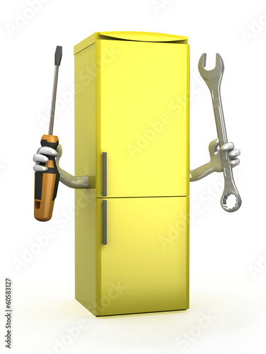 Illustration: refrigerator with arms and tools on hands refrigerator with arms and tools on hands