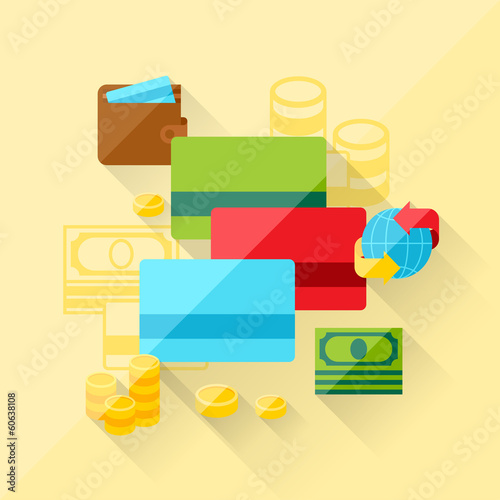 Vector: Illustration concept of bank cards in flat design style. Illustration concept of bank cards in flat design style.