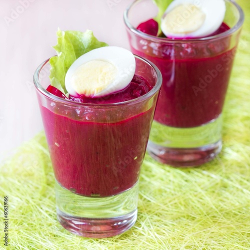 Photo: Beetroot, beet cream salad, mousse with eggs in shot glass Beetroot, beet cream salad, mousse with eggs in shot glass