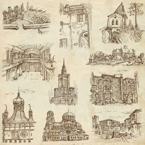 Illustration: Architecture around the World (no.7) - hand drawings on paper Architecture around the World (no.7) - hand drawings on paper