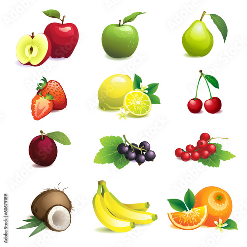 Vector: Set of different fruits with leaves and flowers Set of different fruits with leaves and flowers