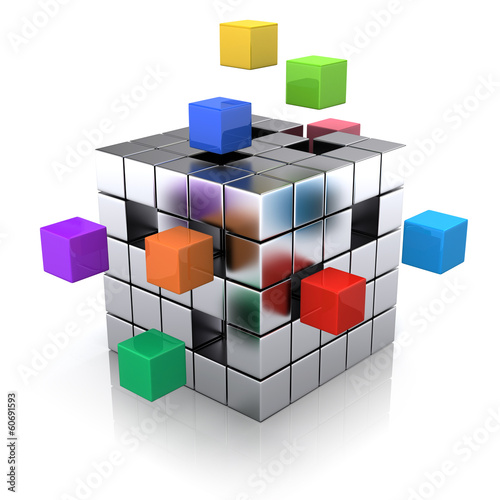 Illustration: business concept - cube assembling from blocks business concept - cube assembling from blocks