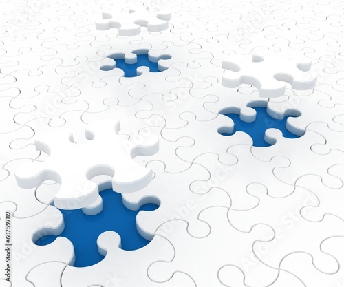 Illustration: White puzzle on blue background. Isolated 3D image White puzzle on blue background. Isolated 3D image