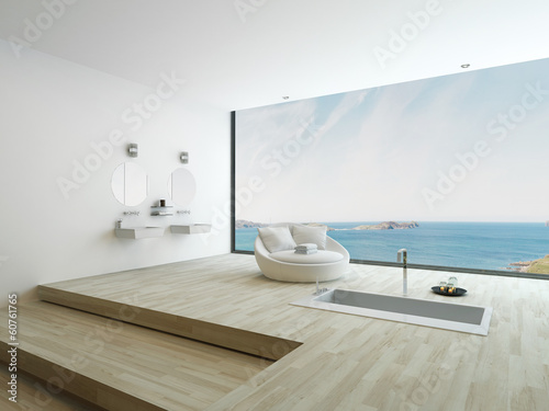 Photo: Modern floor bathtub against huge window with seascape view Modern floor bathtub against huge window with seascape view
