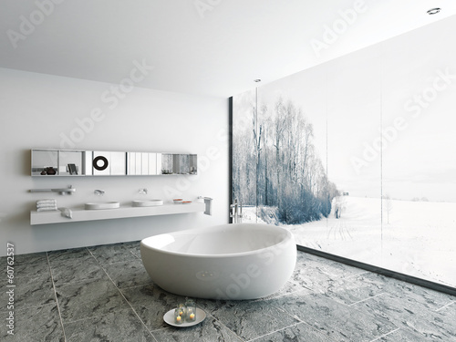 Photo: Luxury bathroom interior with bathtub and stone floor Luxury bathroom interior with bathtub and stone floor