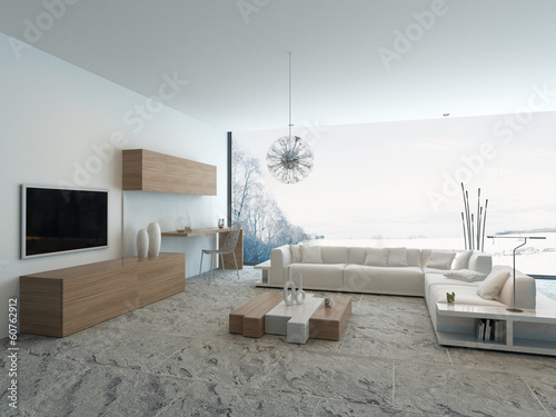 Illustration: Modern white living room with wooden furniture Modern white living room with wooden furniture