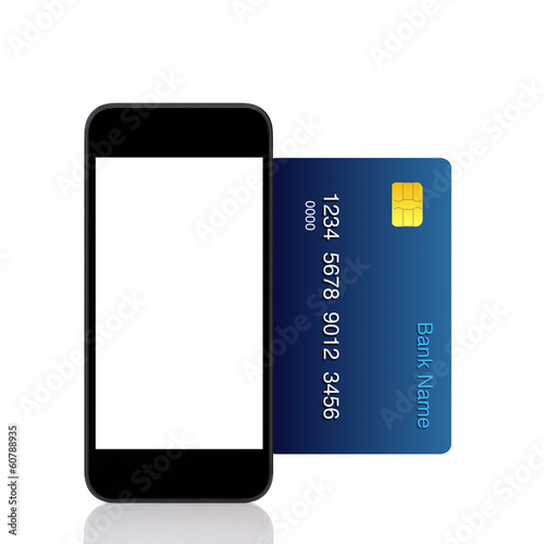 Photo: Isolated touch phone and a blue credit card Isolated touch phone and a blue credit card