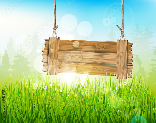 Vector: Spring morning - background with empty wooden sign Spring morning - background with empty wooden sign
