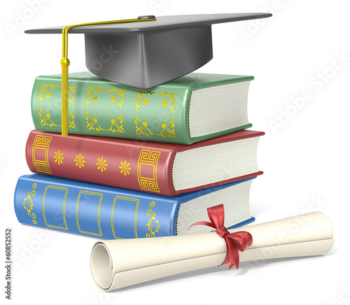 Illustration: Education. Pile of books, student hat and a diploma. Education. Pile of books, student hat and a diploma.
