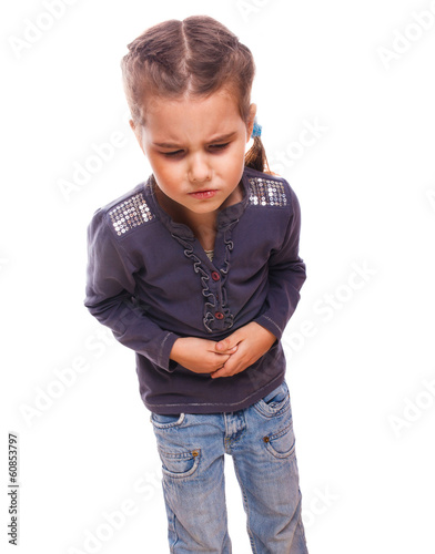 Photo: woman sick little child girl in pain stomach, belly aches woman sick little child girl in pain stomach, belly aches
