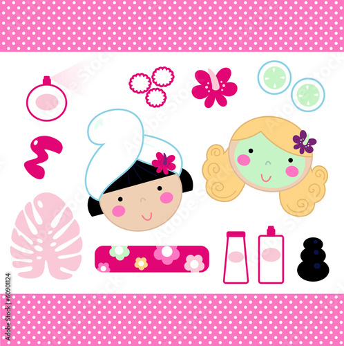 Vector: Cute spa set elements with beautiful girls ( pink ) Cute spa set elements with beautiful girls ( pink )