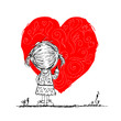 Girl draws red heart, valentine card sketch for your design Girl draws red heart, valentine card sketch for your design